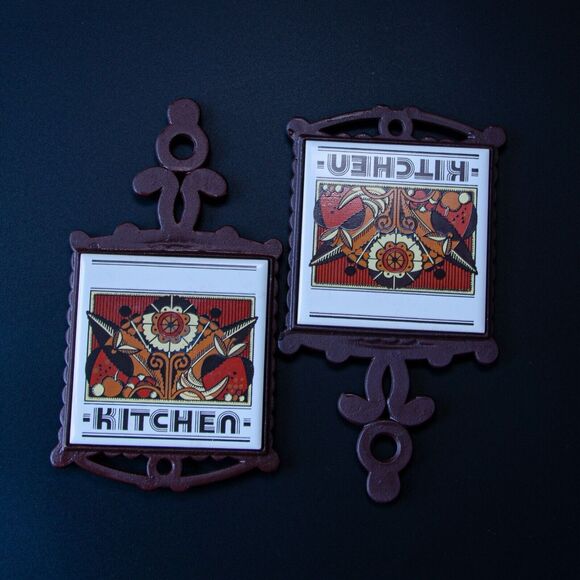 Cast Metal Trivet Fruit Ceramic Tile MCM Granny Cottage 70’s Hippie Brown Red - Picture 2 of 5